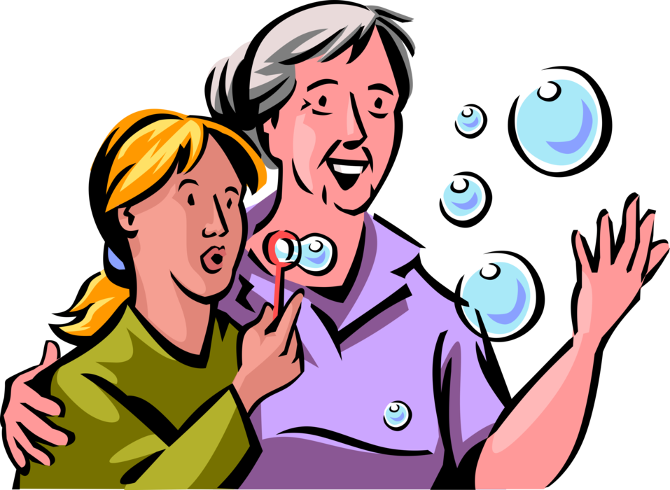 Vector Illustration of Retired Elderly Senior Citizen Grandmother Blows Soap Bubbles with Granddaughter