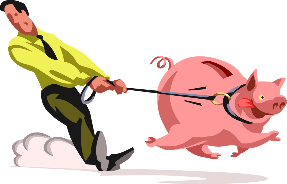 Vector Illustration of Businessman Dragged by Piggy Bank Savings Bank on Dog Leash