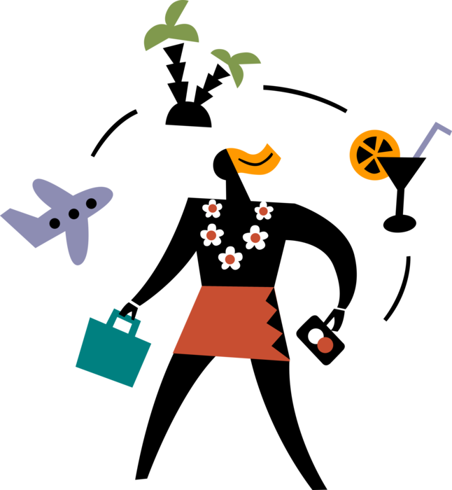 Vector Illustration of Corporate Incentive Travel with Airplane, Tropical Island, Alcohol Beverage Cocktail Drink