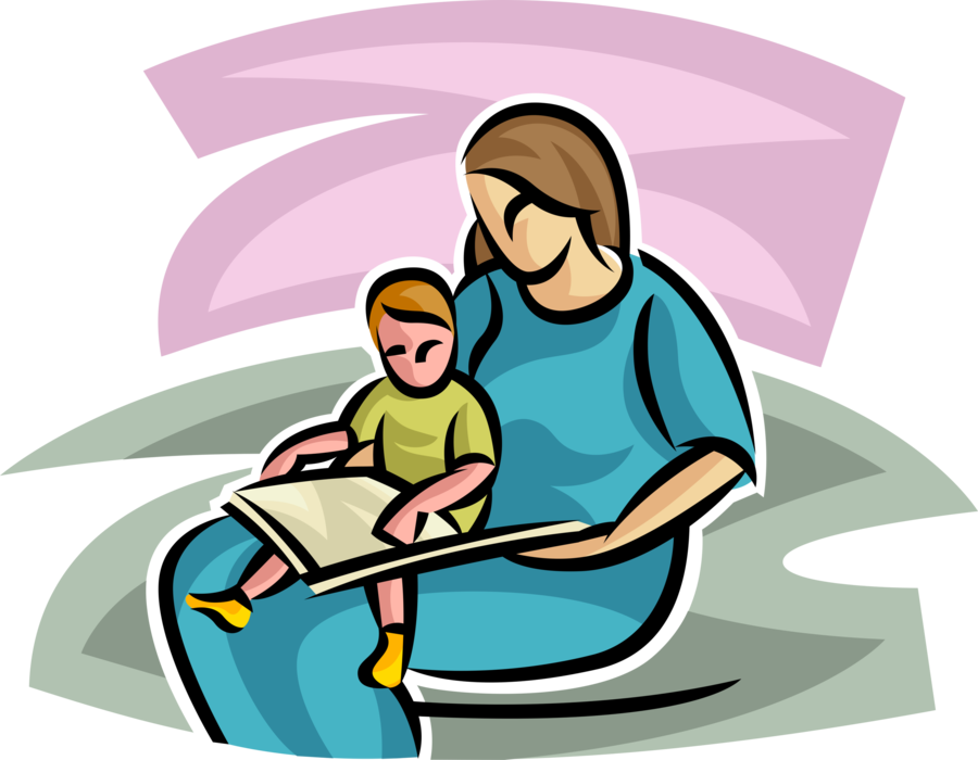Vector Illustration of Mother Reads Children's Story Book to Infant Baby