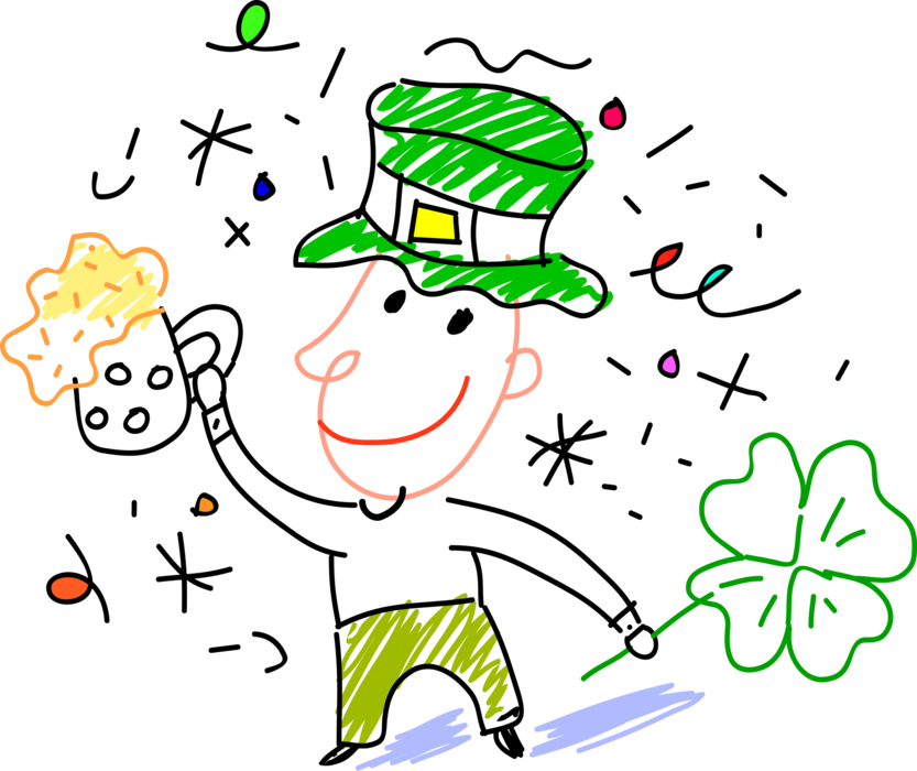 Vector Illustration of Irish Mythology Leprechaun Celebrates St. Patrick's Day with Beer and Lucky Shamrock