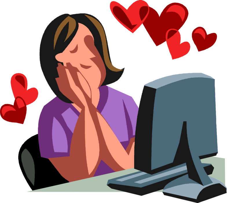 Vector Illustration of Businesswoman Wastes Time at Work with Online Dating Profiles and Falls in Love