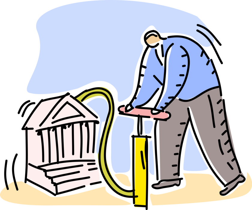 Vector Illustration of Businessman Inflates Financial Banking Investments Institution Bank with Bicycle Pump