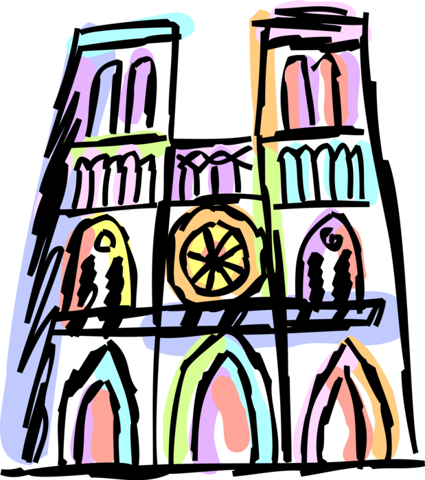 Vector Illustration of Notre-Dame Medieval Catholic Christian Church Cathedral in Paris, France on the River Seine