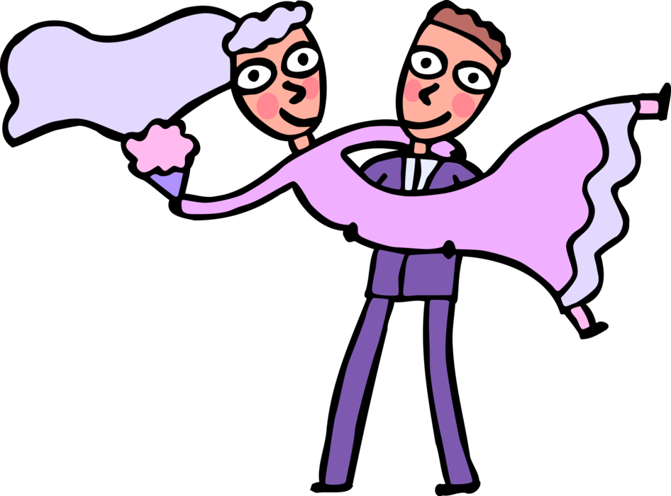 Vector Illustration of Wedding Day Groom Carries Bride Across Threshold After Marriage Ceremony