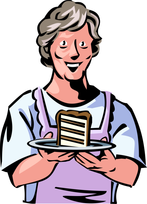 Vector Illustration of Retired Elderly Senior Citizen Grandmother Serves Piece of Home Baking Dessert Cake