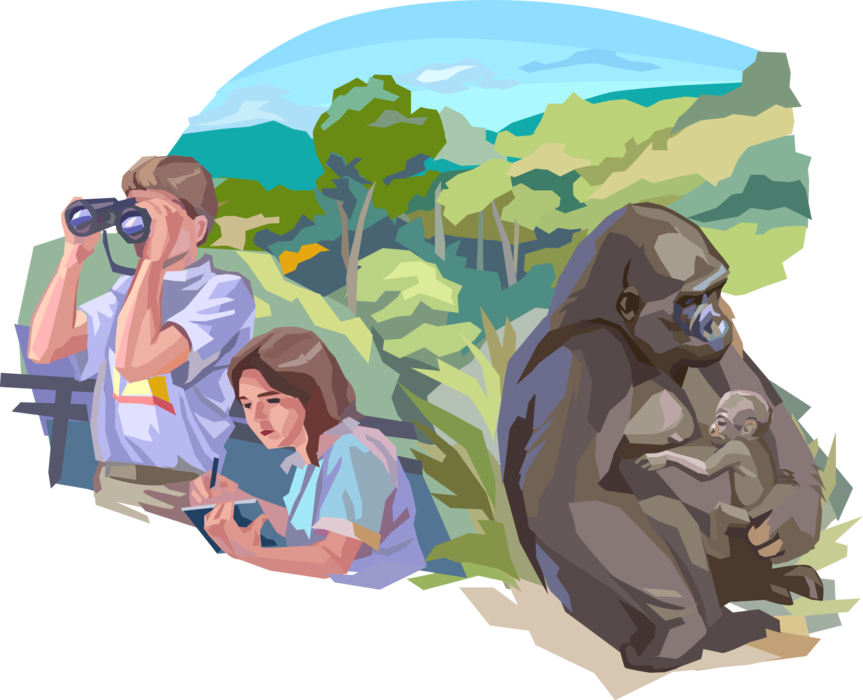 Vector Illustration of Primatologists, Ethologists, Anthropologists Study and Research Great Apes in Natural Environment