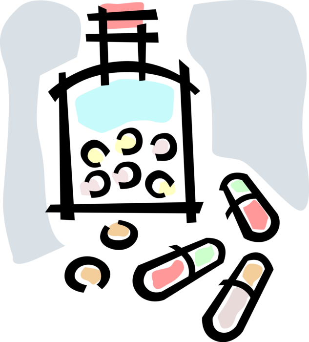 Vector Illustration of Pharmaceutical Oral Dosage Drug Pills in Prescription Medicine Medication Bottle