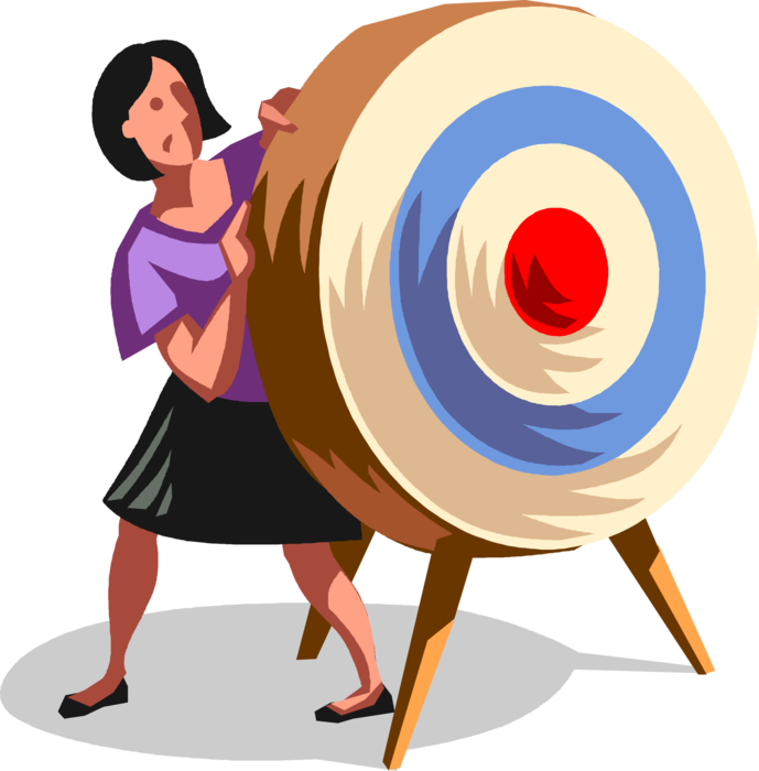 Vector Illustration of Timid, Terrified Businesswoman Hides Behind Archery Bullseye or Bull's-Eye Target
