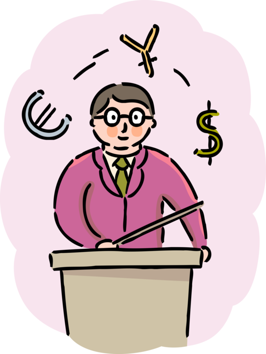 Vector Illustration of Economics Teacher Professor Teaching International Finance with Currency Symbols