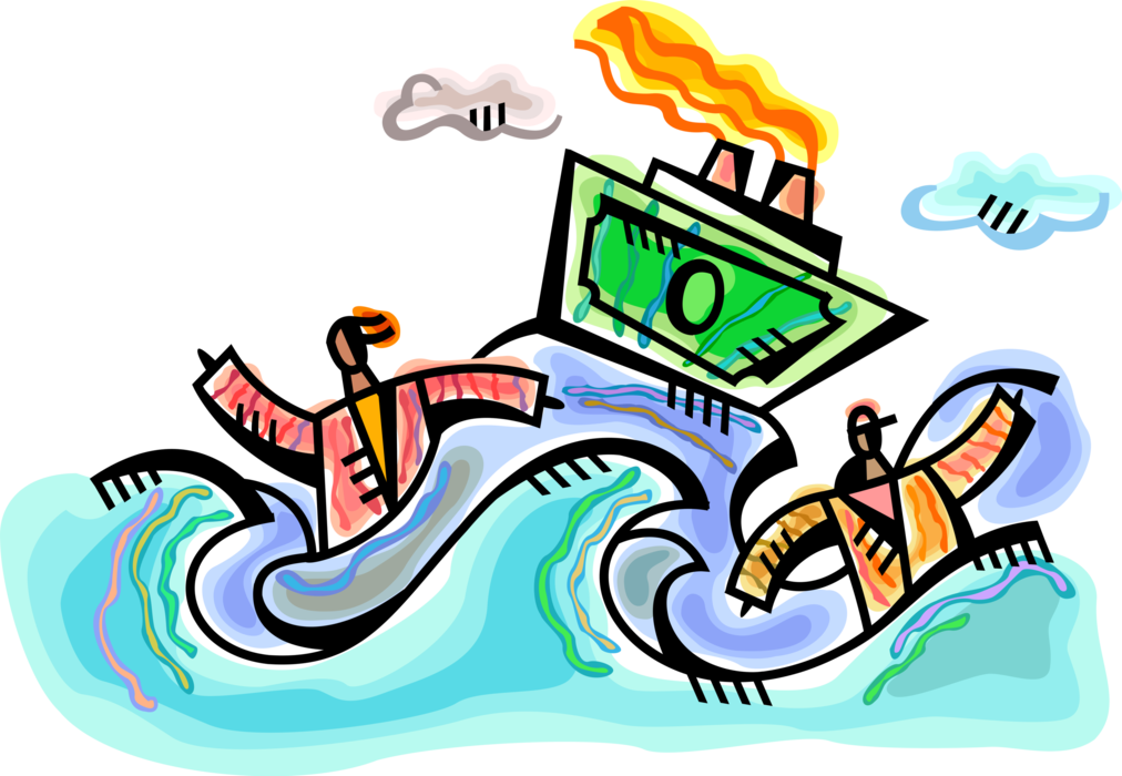 Vector Illustration of Financial Cast Aways Drift in Ocean Waves with Cruise Ship or Ocean Liner Passenger Ship 