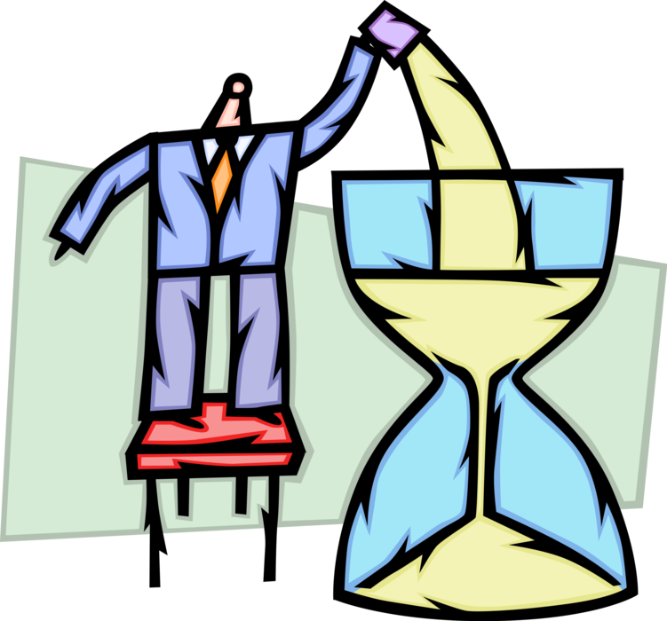 Vector Illustration of Businessman Buys Time by Filling Hourglass or Sandglass, Sand Timer, or Sand Clock 