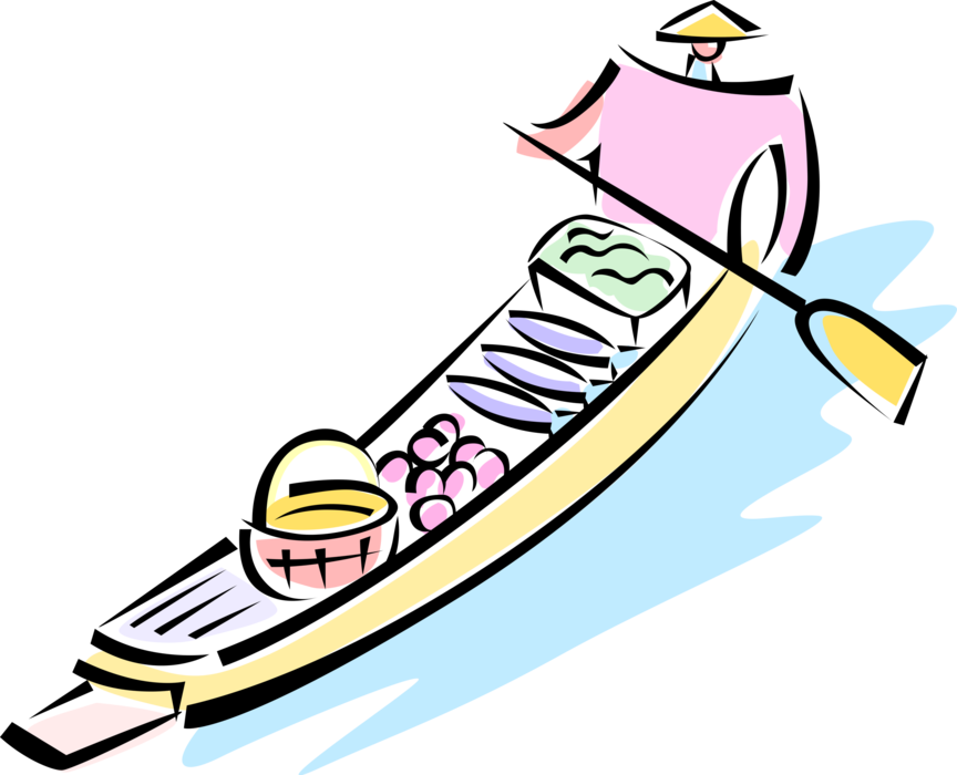 Vector Illustration of Asian Chinese Market Vendor Paddles Boat with Fresh Fruits and Vegetables