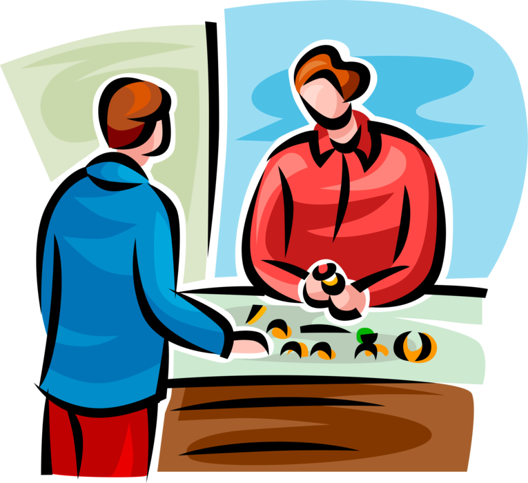 Vector Illustration of Jeweller or Jeweler Merchant Shows Ring Jewellery or Jewelry to Shopping Customer