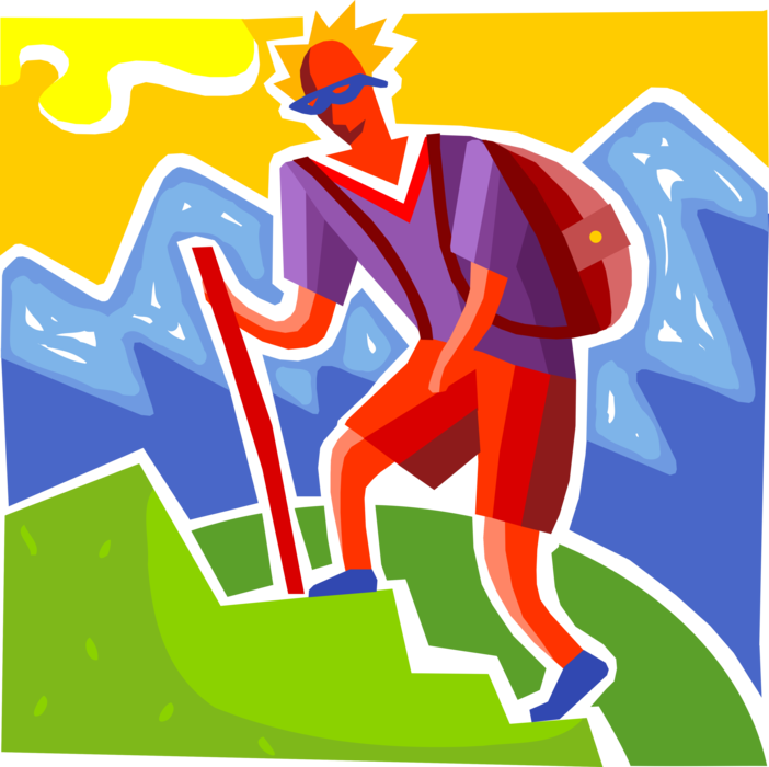 Vector Illustration of Hiker Climbs Mountain while Hiking with Walking Stick and Backpack