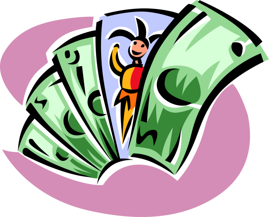 Vector Illustration of Playing Card Joker with Cash Money Dollar Bills