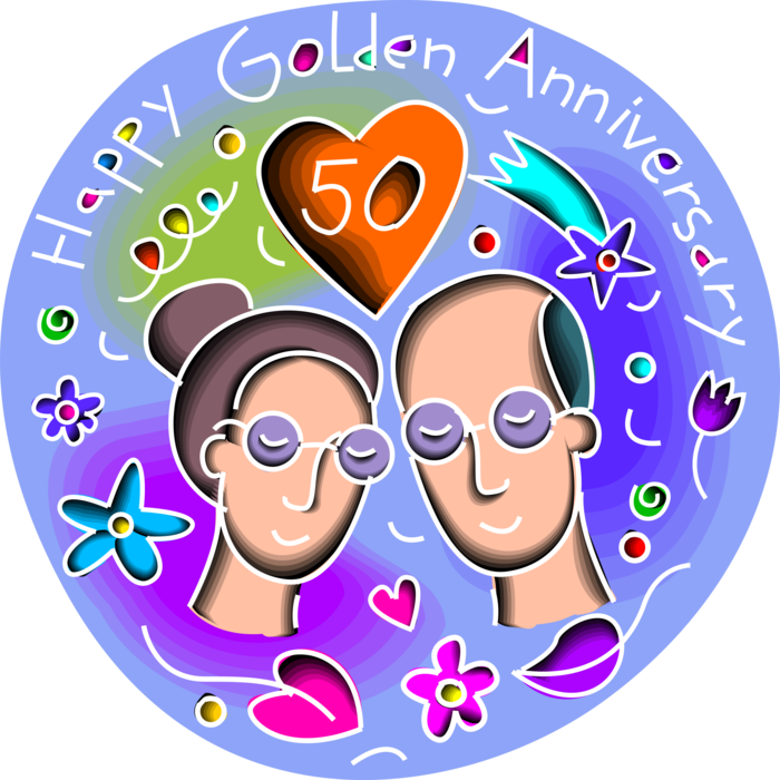Vector Illustration of Fiftieth Golden Anniversary Happy Couple Celebrate 50 Years of Marriage Wedded Bliss
