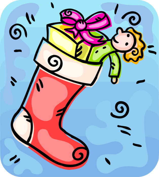 Vector Illustration of Festive Season Christmas Stocking Filled with Gifts and Presents with Child's Doll
