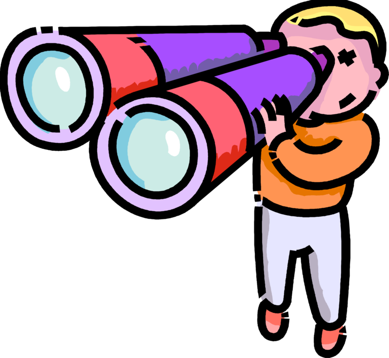 Vector Illustration of Primary or Elementary School Student Boy Looks Through Binoculars Field Glasses
