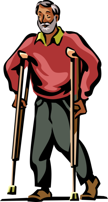 Vector Illustration of Retired Elderly Senior Citizen Walks with Crutches After Accident