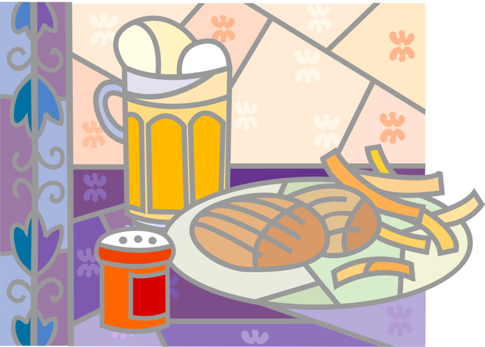 Vector Illustration of Fast Food French Fries and Meat Dinner with Mug of Beer Fermented Malt Barley Alcohol Beverage