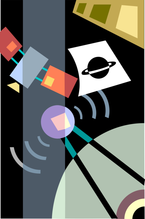 Vector Illustration of Space Satellite Communication use Radio Waves to Transmit Signals to Antennas
