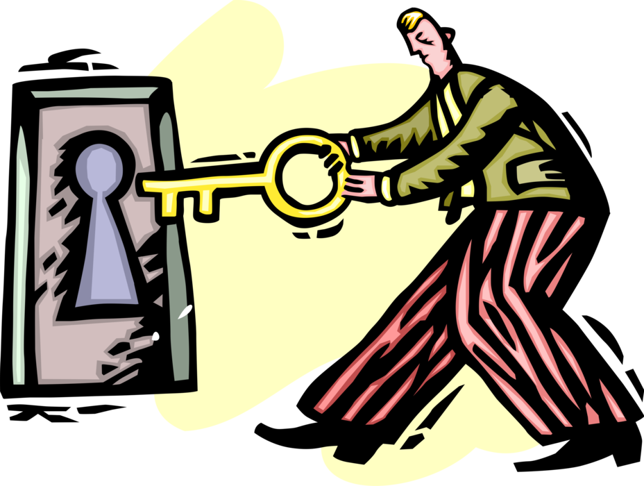 Vector Illustration of Businessman Unlocks Door with Security Key