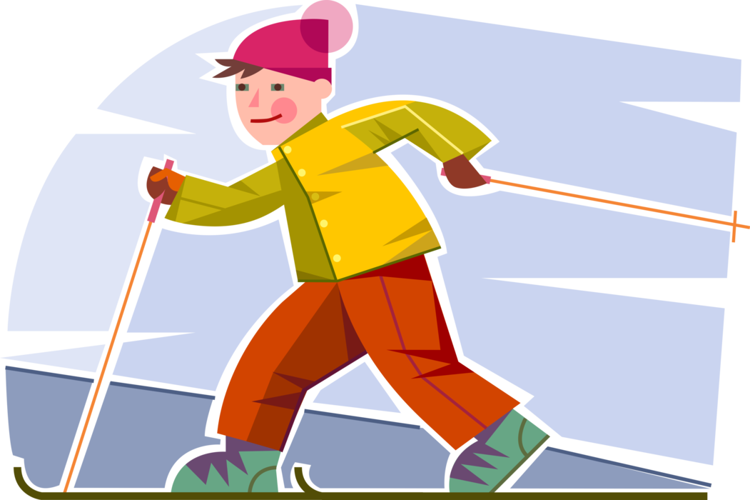 Vector Illustration of Young Adolescent Boy Cross Country Skier Skiing on Skis with Poles in Winter