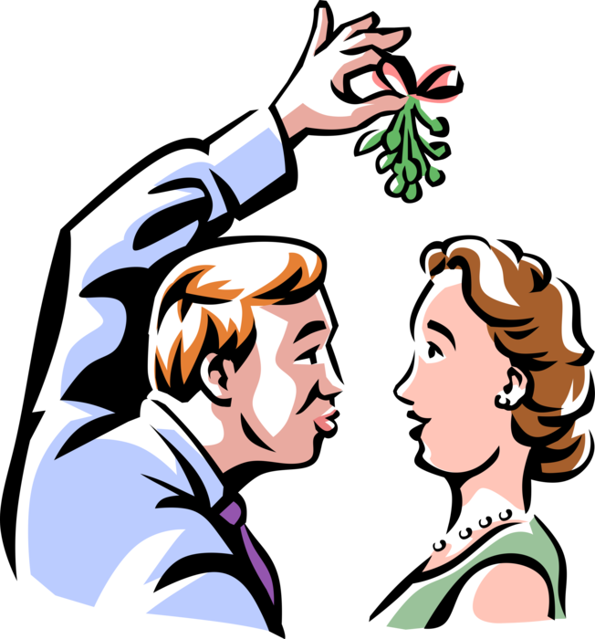Vector Illustration of Sexually Excited Male Expects Kiss from Female Under the Mistletoe at Christmas