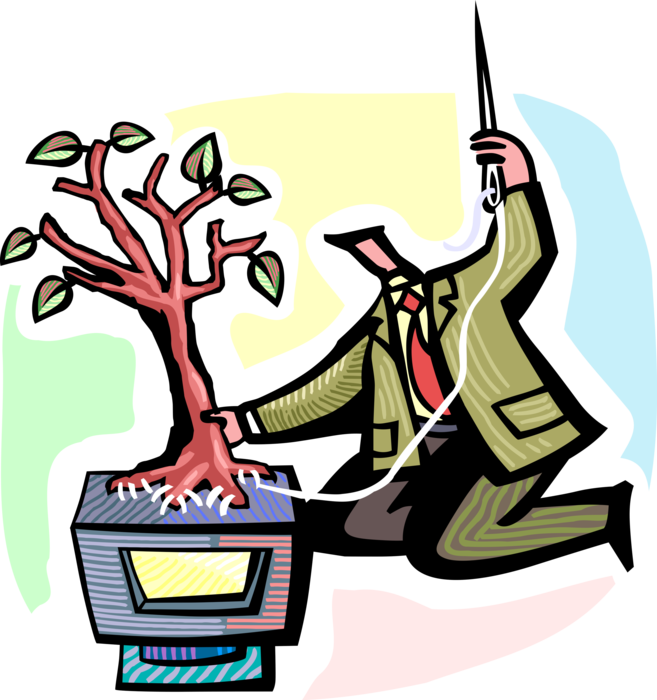 Vector Illustration of Concerned Businessman Sews Environmental Tree onto Information Technology Computer