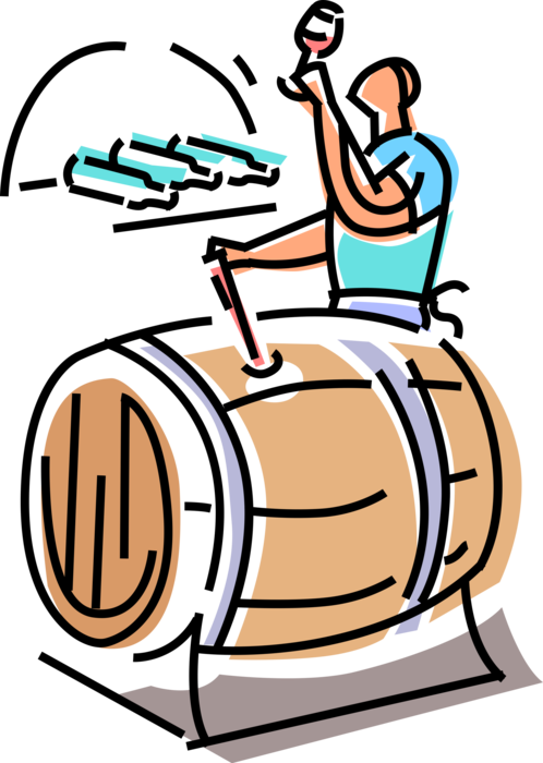 Vector Illustration of Winery Winemaker Vintner Tests Wine Barrel, Casks or Tuns Made of Wooden Staves Bound by Hoops