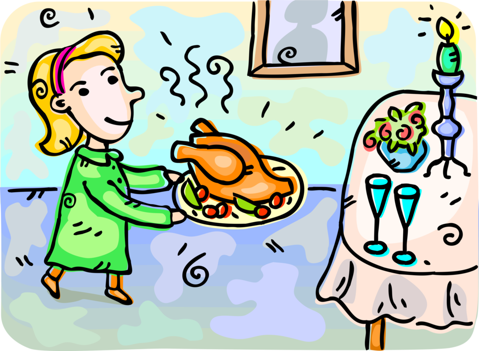 Vector Illustration of Mother Serves Christmas Dinner Roast Fowl Poultry Turkey Dinner on Serving Platter