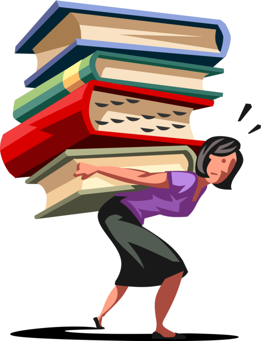 Vector Illustration of Overloaded Businesswoman Overwhelmed with Reference Research Textbook Books