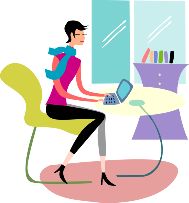 Vector Illustration of Businesswoman Works on Notebook Computer at Office Desk