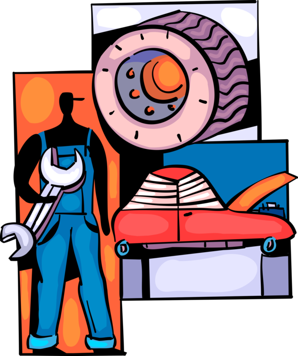 Vector Illustration of Automotive Service Technician Garage Mechanic in Garage with Wrench, Motor Car Vehicle, Rubber Tire Wheel