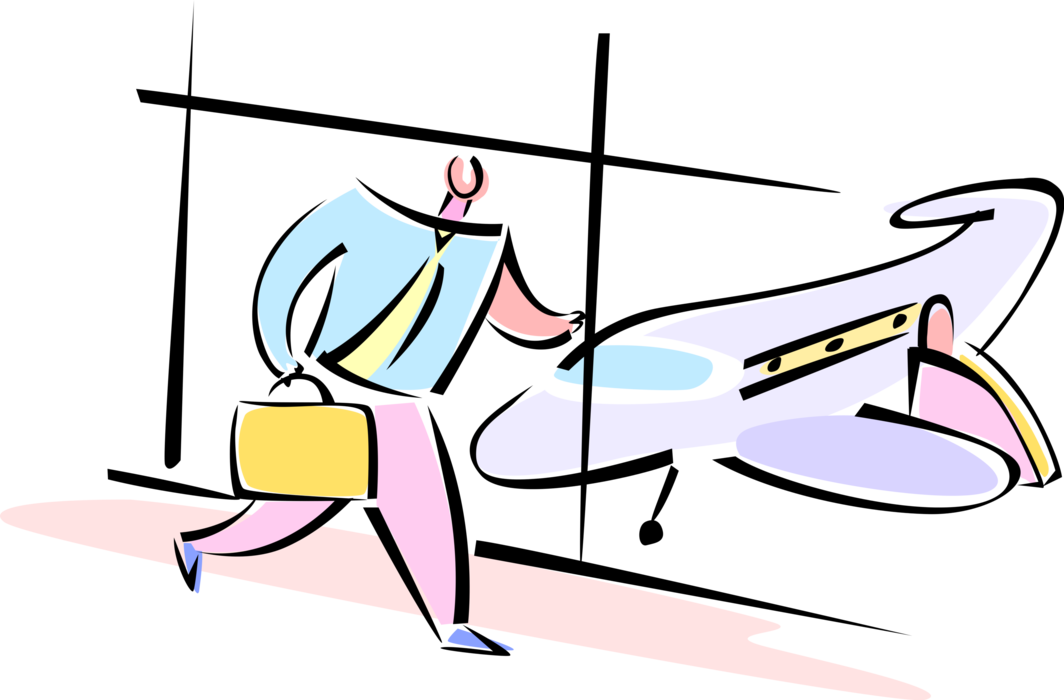 Vector Illustration of Business Traveler Runs to Catch Airline Flight at Airport