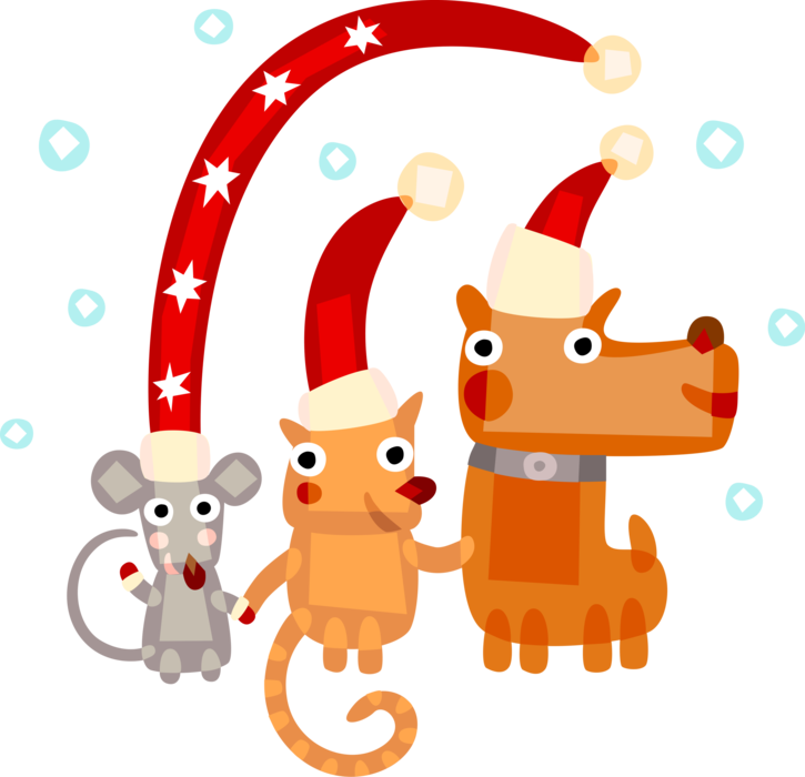 Vector Illustration of Cat, Dog, and Mouse Animals Celebrate Christmas with Santa Claus Hats