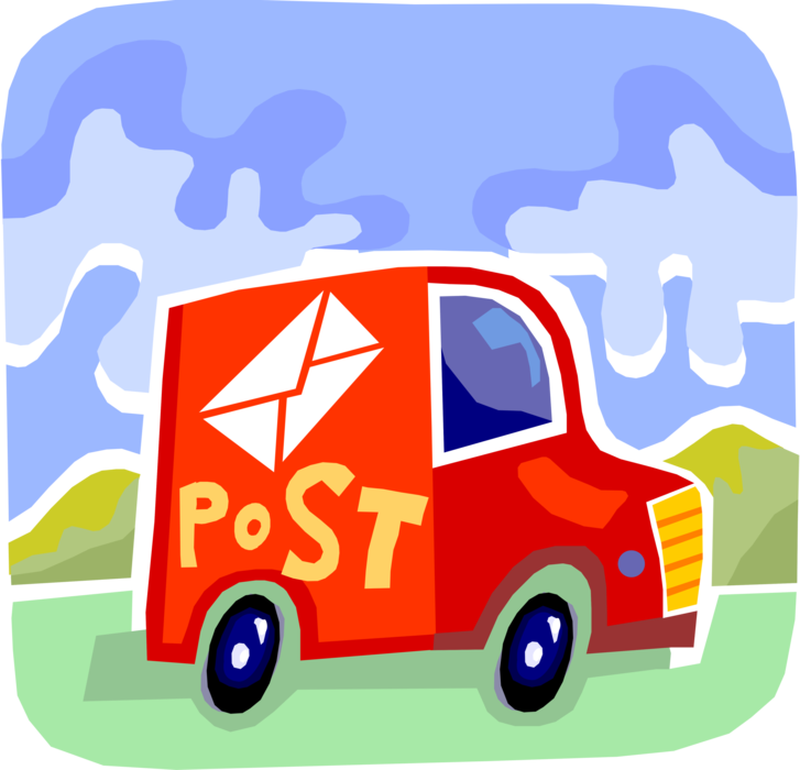 Vector Illustration of Post Office Postal Courier Service Van Motor Vehicle Delivers Letter Envelopes and Packages