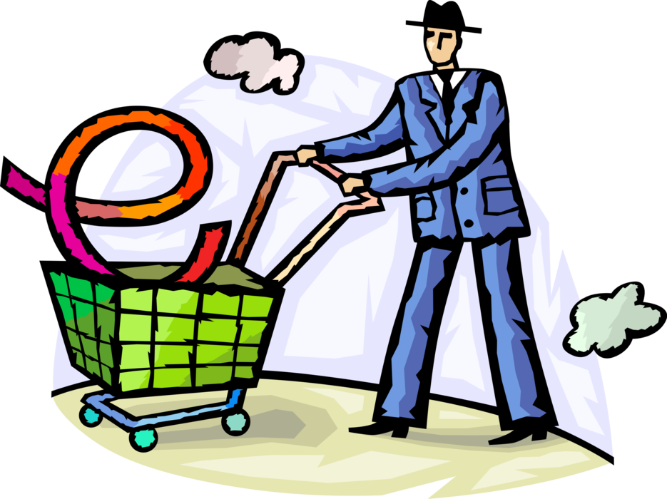 Vector Illustration of Businessman Shops Online with Ecommerce Shopping Cart for Internet Purchase Transactions