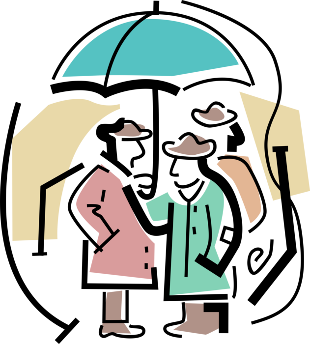 Vector Illustration of Commuters Stands Under Umbrella or Parasol Rain Protection Waiting for Bus