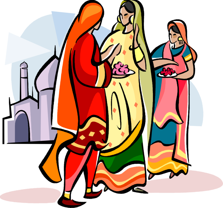 Vector Illustration of Hindu Woman Carrying Marigold Flowers