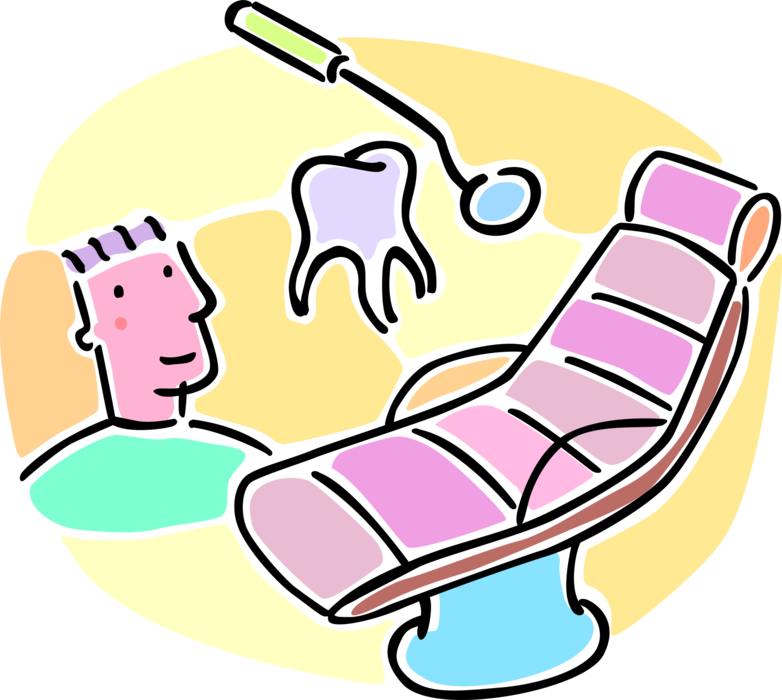 Vector Illustration of Dentist's Chair with Dental Mirror, Molar Tooth and Patient