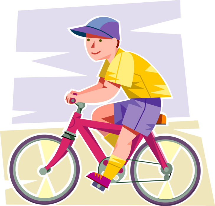 Vector Illustration of Young Boy Rides Bicycle Bike Outdoors in Summer