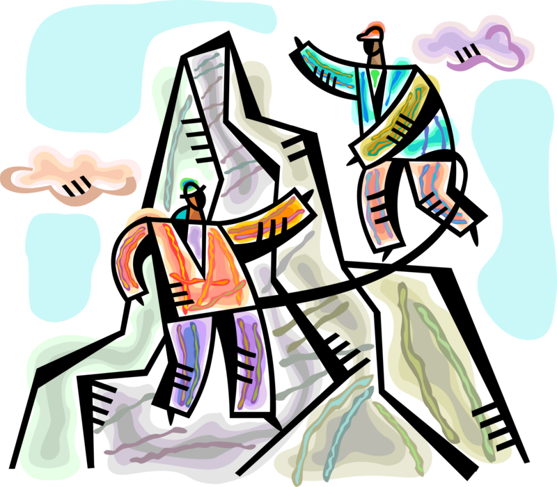 Vector Illustration of Business Associates Use Teamwork and Collaboration to Reach Mountain Summit Challenge
