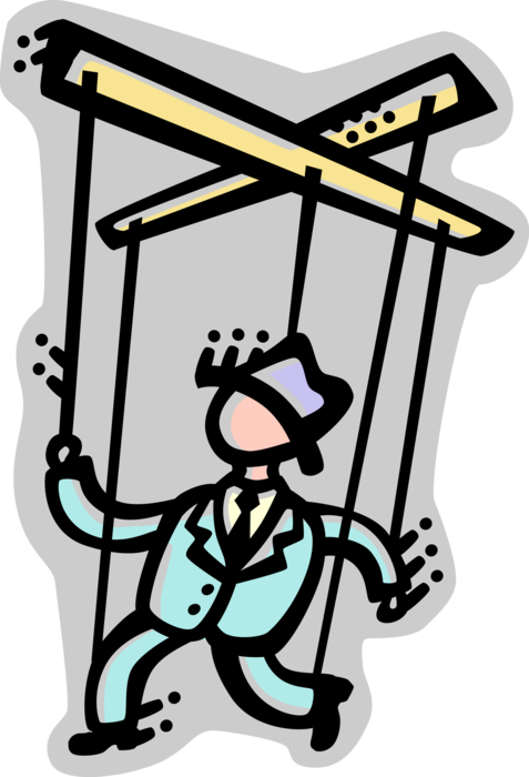 Vector Illustration of Manipulated Businessman Puppet Controlled by Management Puppeteer