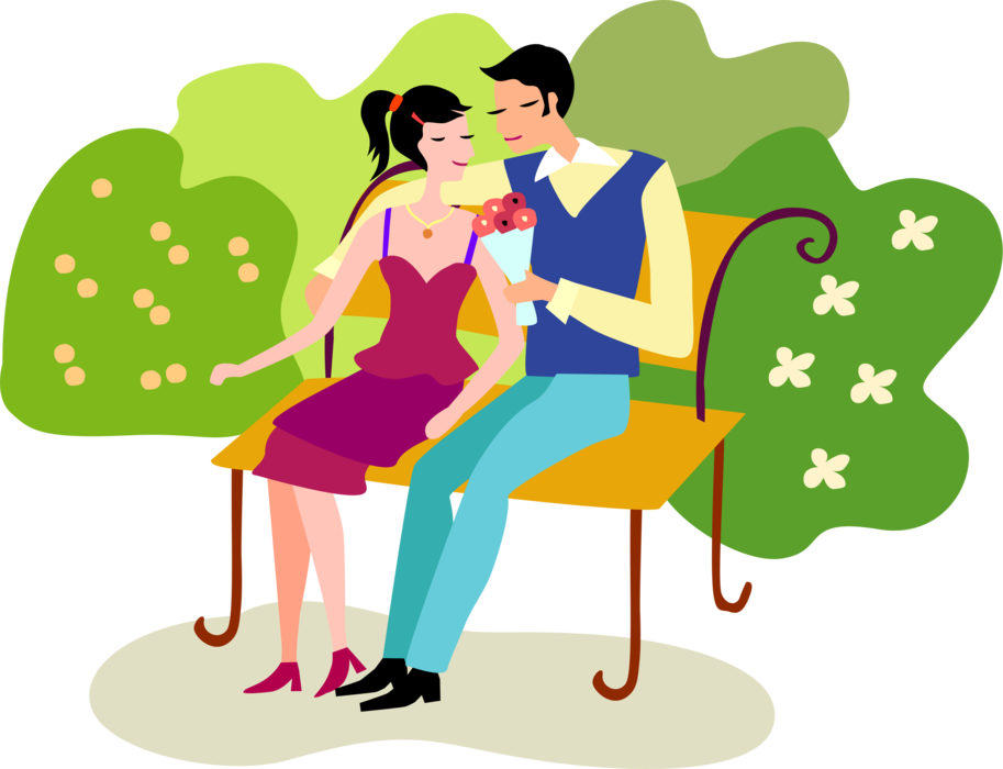 Vector Illustration of Romantic Couple in Relationship Enjoy Togetherness Outdoors on Park Bench