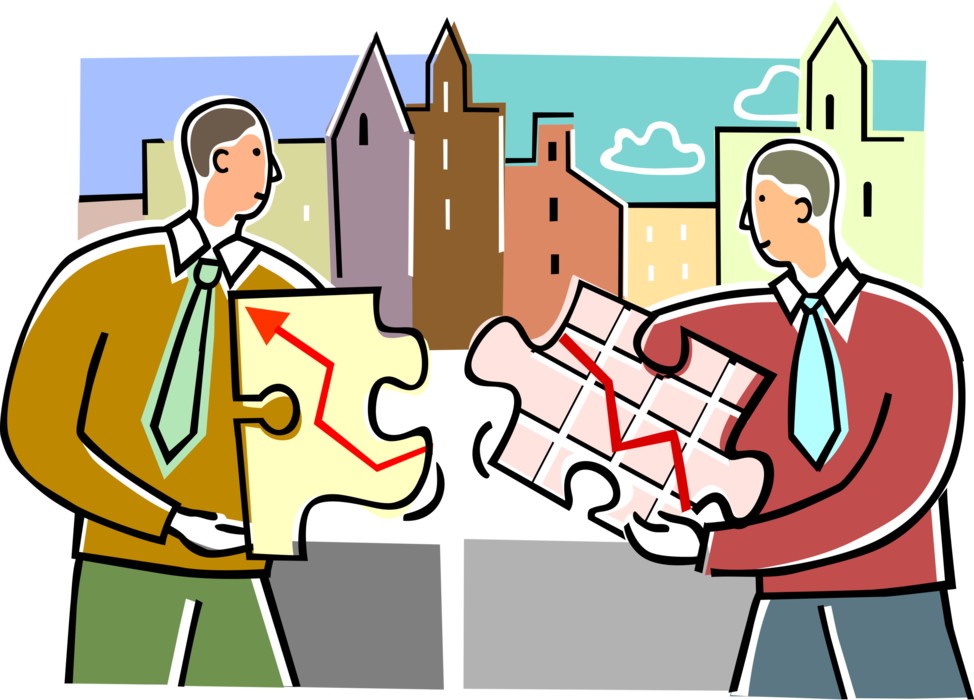Vector Illustration of Businessmen Fit Infographic Sales Profit Chart Jigsaw Puzzle Pieces Together