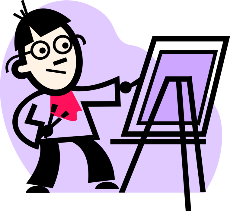 Vector Illustration of Visual Arts Artist Paints Canvas Painting on Easel with Paintbrush and Palette