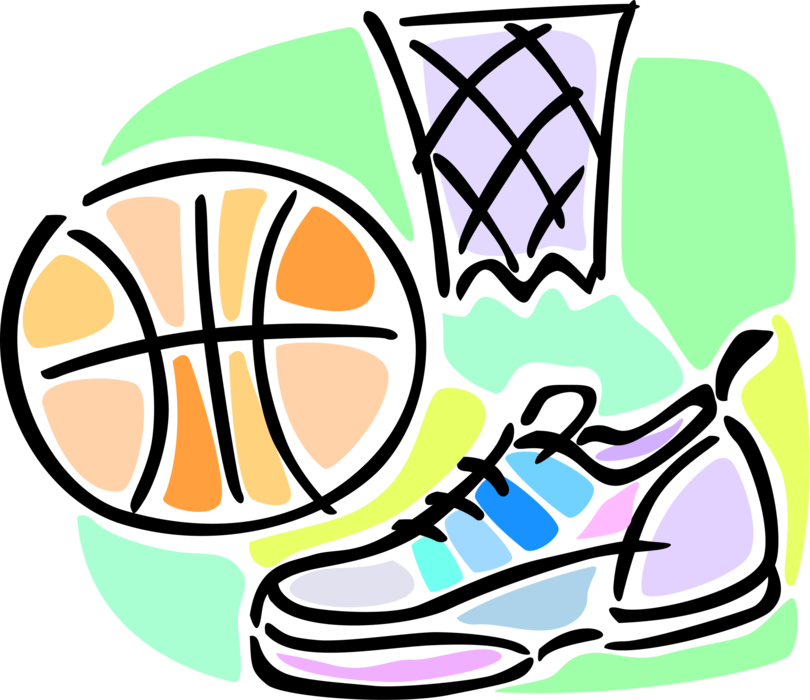 Vector Illustration of Sport of Basketball Running Shoes, Hoop Net and Ball
