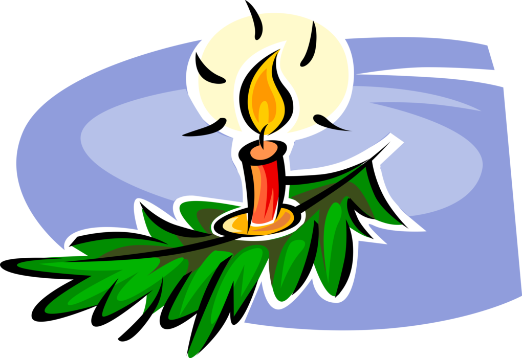 Vector Illustration of Holiday Festive Season Christmas Candle with Flame on Evergreen Tree Bough